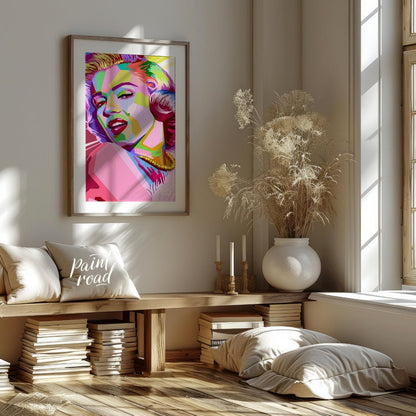 This digital artwork presents a striking, geometric reimagining of Marilyn Monroe. The artist emplo… for living room