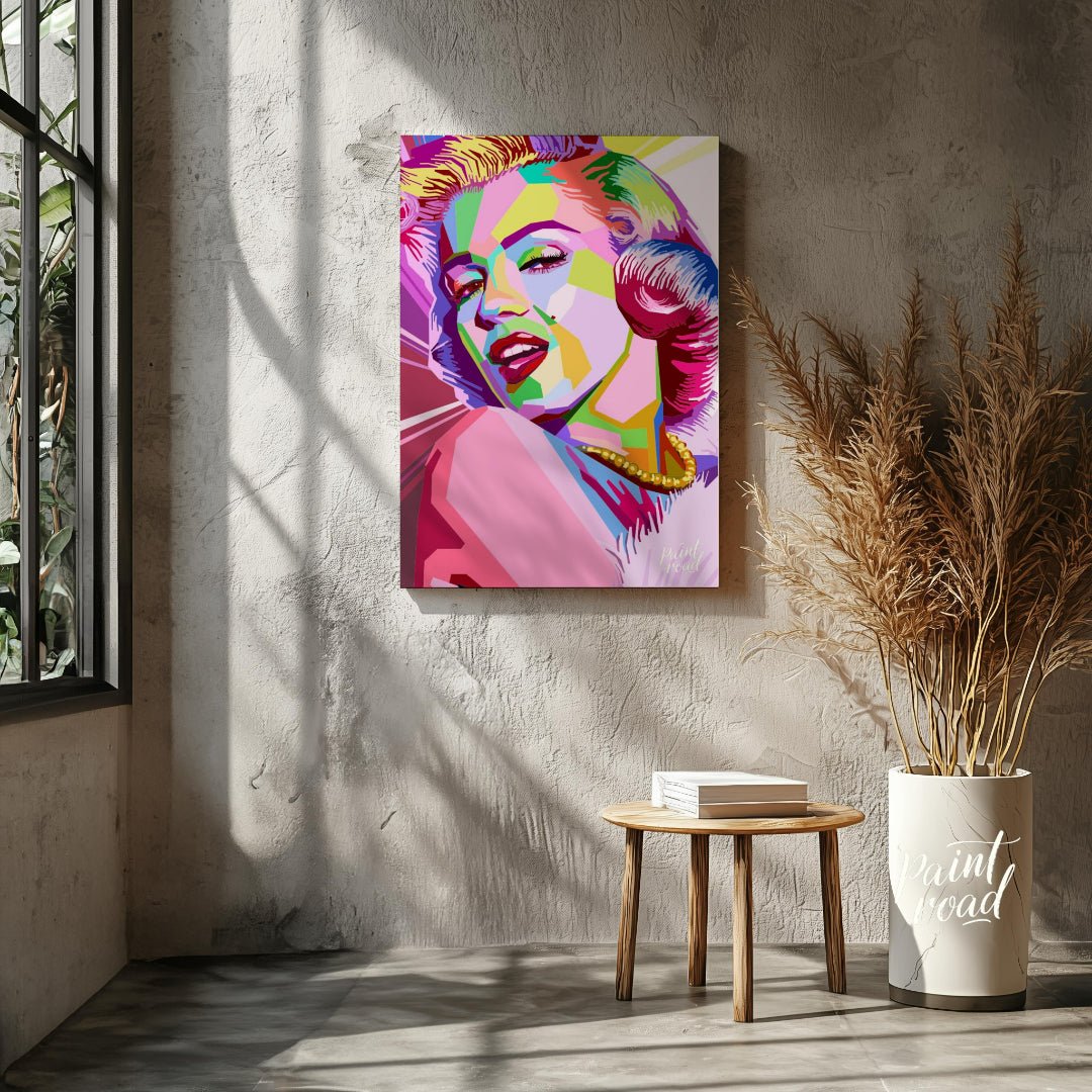 This digital artwork presents a striking, geometric reimagining of Marilyn Monroe. The artist emplo… for living room