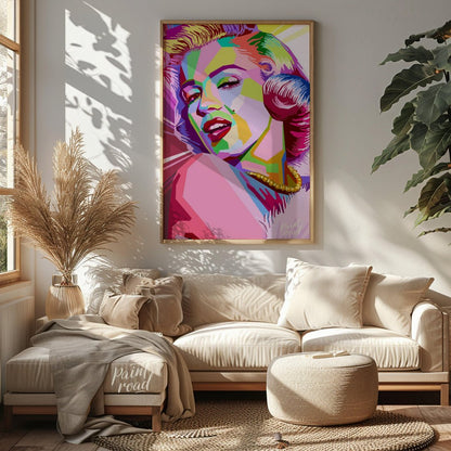 This digital artwork presents a striking, geometric reimagining of Marilyn Monroe. The artist emplo… for living room