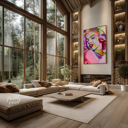 This digital artwork presents a striking, geometric reimagining of Marilyn Monroe. The artist emplo… for living room