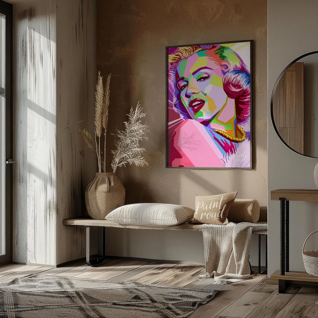 This digital artwork presents a striking, geometric reimagining of Marilyn Monroe. The artist emplo… for living room