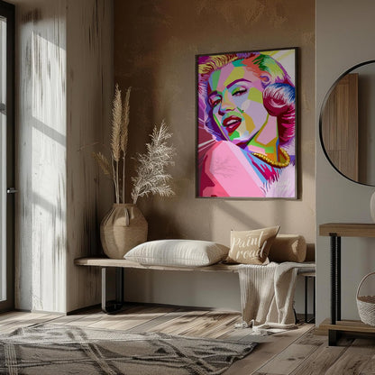 This digital artwork presents a striking, geometric reimagining of Marilyn Monroe. The artist emplo… for living room