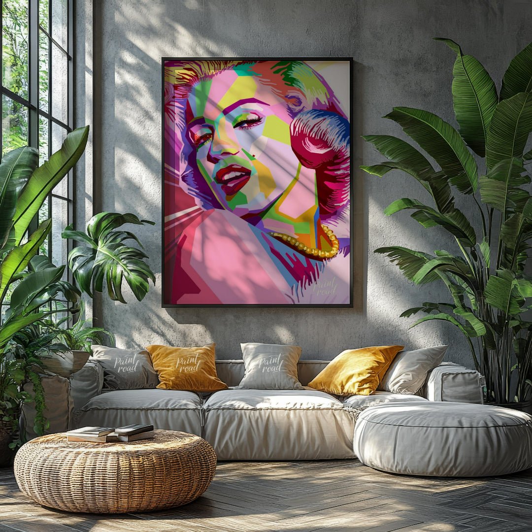 This digital artwork presents a striking, geometric reimagining of Marilyn Monroe. The artist emplo… for living room