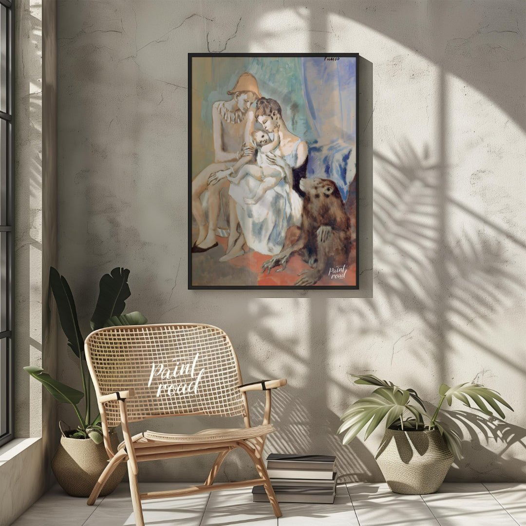 Pablo Picasso’s “Family of Saltimbanques with Monkey,” painted in 1905 during his Rose Period, is a… for living room