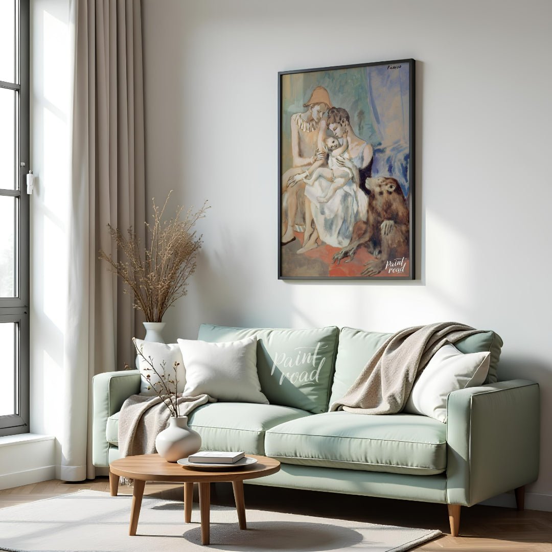 Pablo Picasso’s “Family of Saltimbanques with Monkey,” painted in 1905 during his Rose Period, is a… for living room