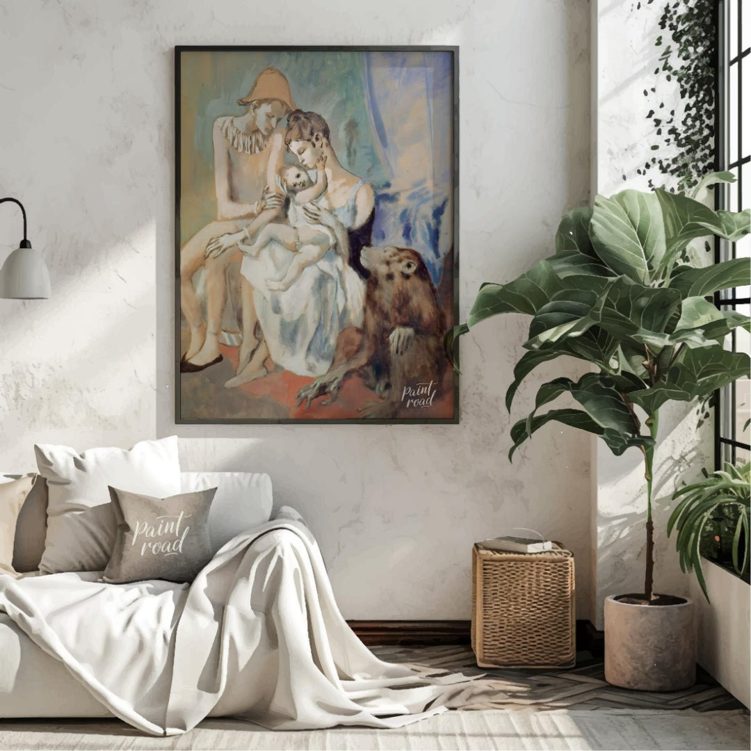 Pablo Picasso’s “Family of Saltimbanques with Monkey,” painted in 1905 during his Rose Period, is a… for living room