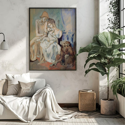 Pablo Picasso’s “Family of Saltimbanques with Monkey,” painted in 1905 during his Rose Period, is a… for living room