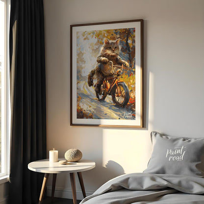 This whimsical digital painting depicts a fluffy brown cat, with vibrant green eyes and prominent w… for bedroom