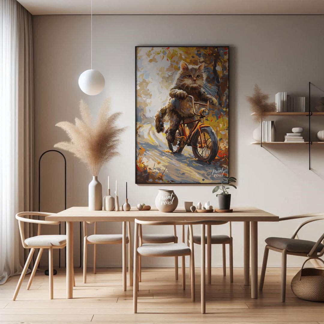 This whimsical digital painting depicts a fluffy brown cat, with vibrant green eyes and prominent w… for dining room