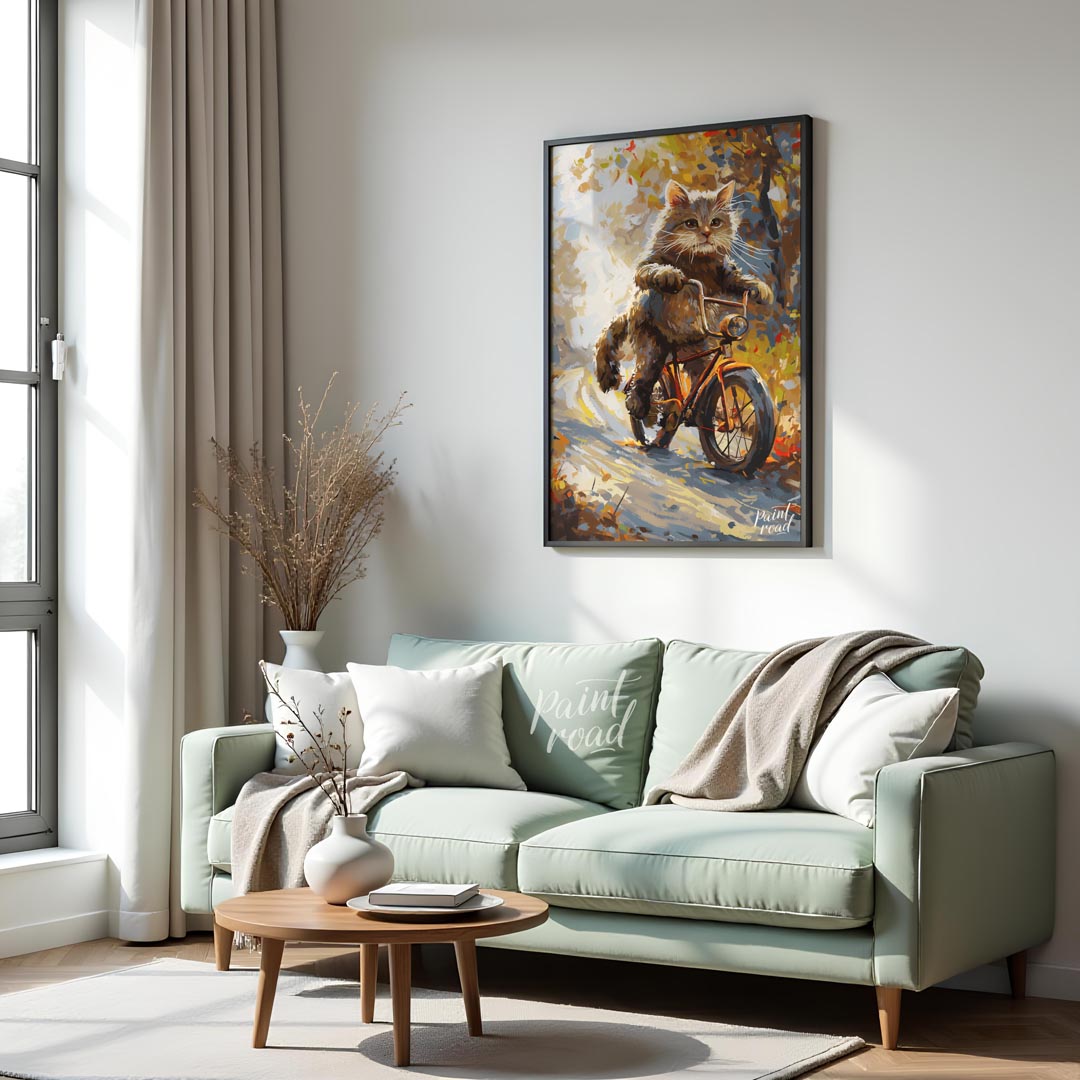 This whimsical digital painting depicts a fluffy brown cat, with vibrant green eyes and prominent w… for living room