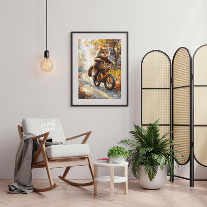 This whimsical digital painting depicts a fluffy brown cat, with vibrant green eyes and prominent w… for living room