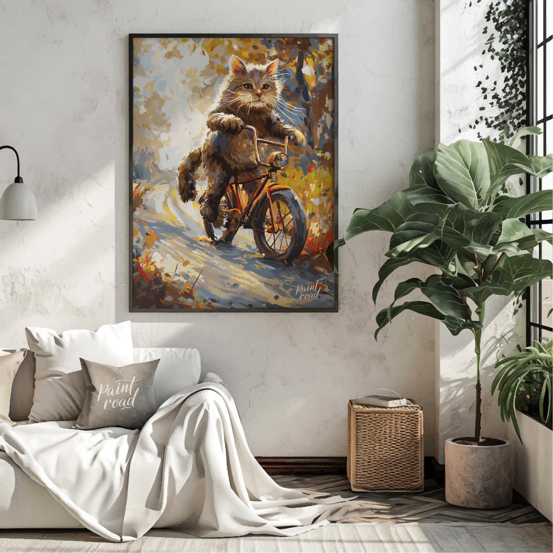 This whimsical digital painting depicts a fluffy brown cat, with vibrant green eyes and prominent w… for living room