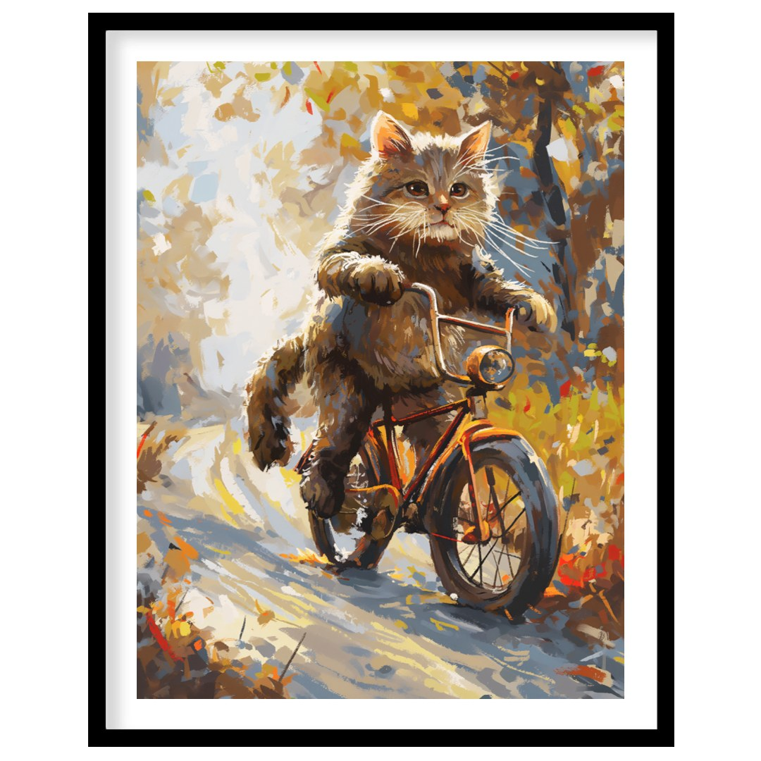 This whimsical digital painting depicts a fluffy brown cat, with vibrant green eyes and prominent w… for lovely house