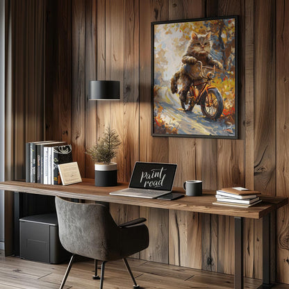 This whimsical digital painting depicts a fluffy brown cat, with vibrant green eyes and prominent w… for office