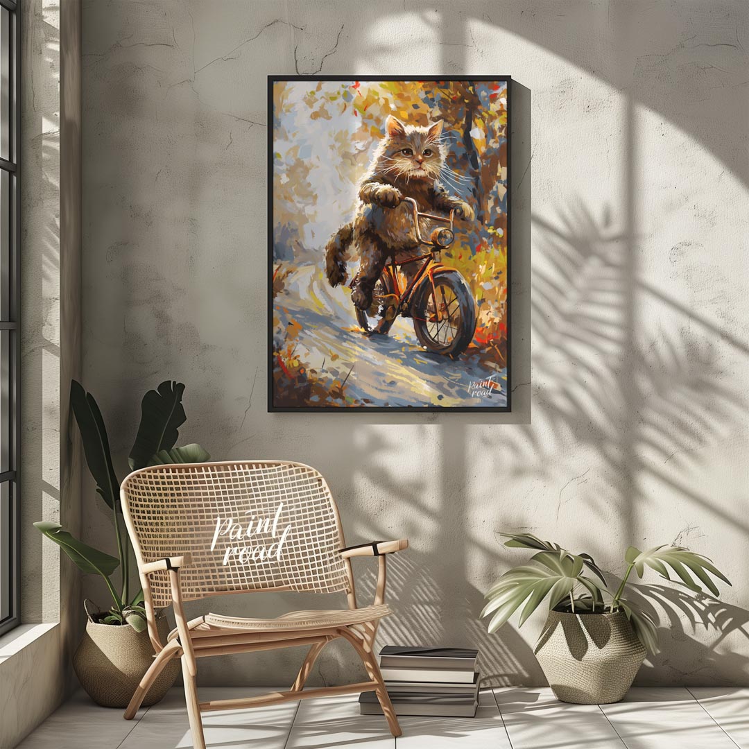 This whimsical digital painting depicts a fluffy brown cat, with vibrant green eyes and prominent w… for other