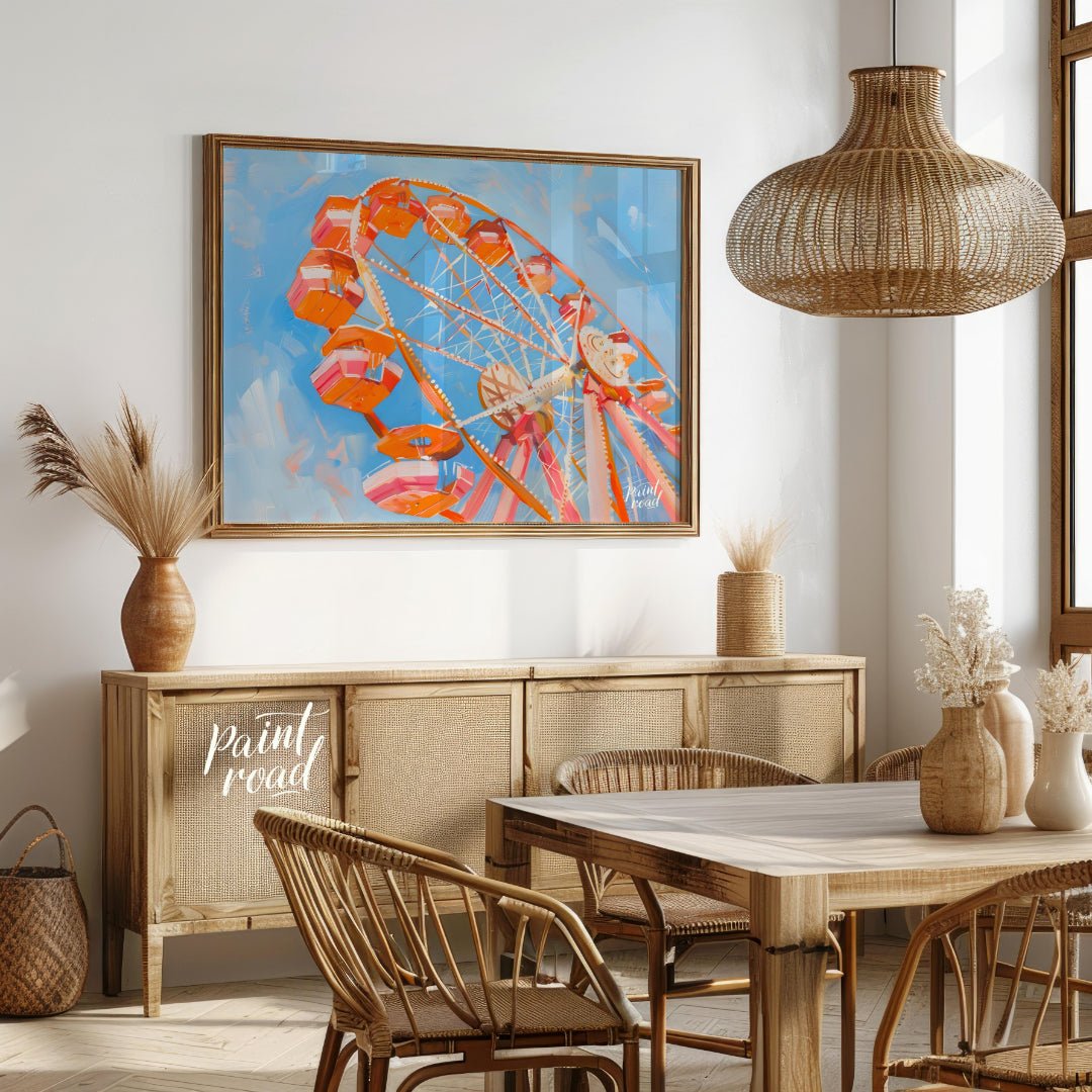 This vibrant art captures the whimsical charm of a brightly colored Ferris wheel against a backdrop… for dining room