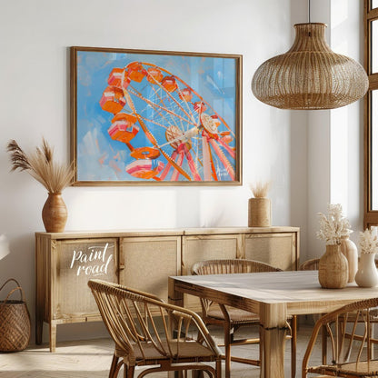 This vibrant art captures the whimsical charm of a brightly colored Ferris wheel against a backdrop… for dining room