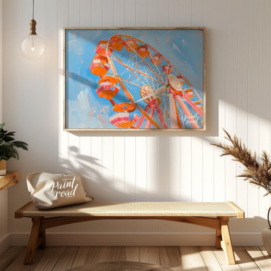 This vibrant art captures the whimsical charm of a brightly colored Ferris wheel against a backdrop… for entryway
