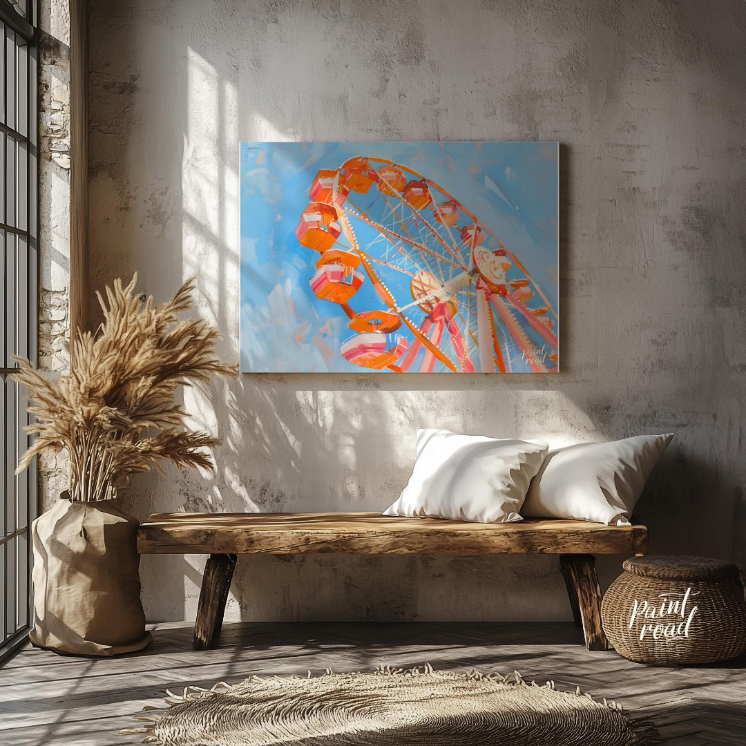 This vibrant art captures the whimsical charm of a brightly colored Ferris wheel against a backdrop… for entryway
