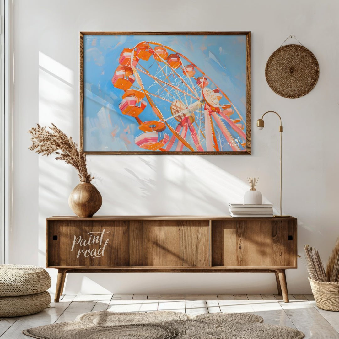 This vibrant art captures the whimsical charm of a brightly colored Ferris wheel against a backdrop… for living room