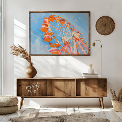 This vibrant art captures the whimsical charm of a brightly colored Ferris wheel against a backdrop… for living room