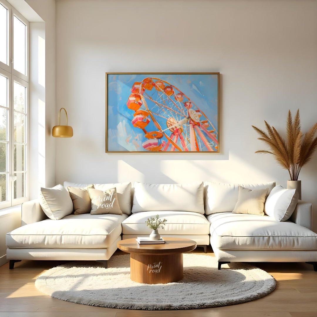 This vibrant art captures the whimsical charm of a brightly colored Ferris wheel against a backdrop… for living room