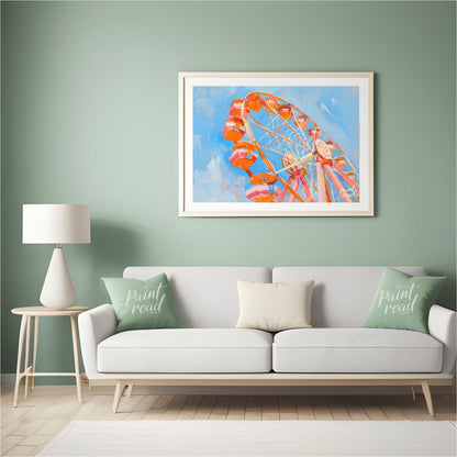 This vibrant art captures the whimsical charm of a brightly colored Ferris wheel against a backdrop… for living room