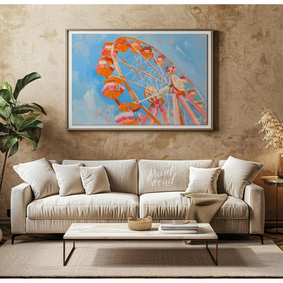 This vibrant art captures the whimsical charm of a brightly colored Ferris wheel against a backdrop… for living room