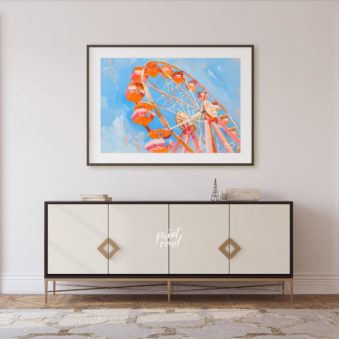 This vibrant art captures the whimsical charm of a brightly colored Ferris wheel against a backdrop… for living room