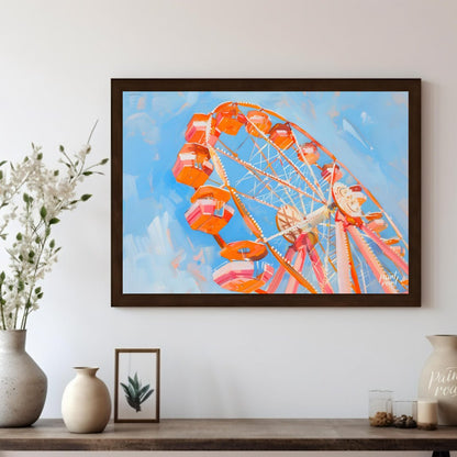This vibrant art captures the whimsical charm of a brightly colored Ferris wheel against a backdrop… for living room