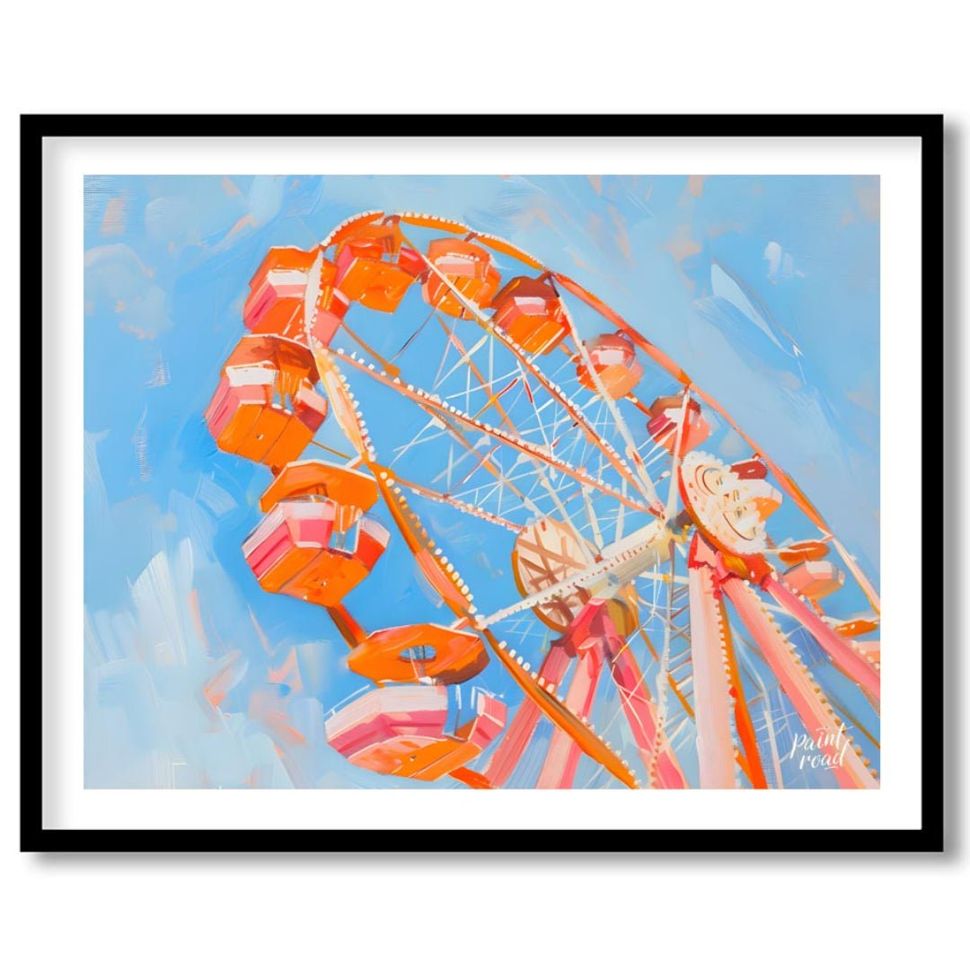 This vibrant art captures the whimsical charm of a brightly colored Ferris wheel against a backdrop… for space