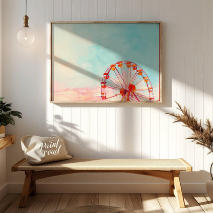 This dreamy watercolor painting captures the whimsical essence of a Ferris wheel against a vast, pa… for entryway