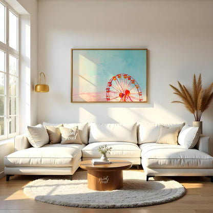 This dreamy watercolor painting captures the whimsical essence of a Ferris wheel against a vast, pa… for living room