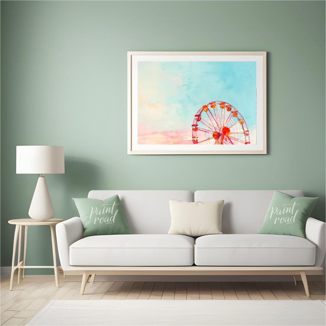 This dreamy watercolor painting captures the whimsical essence of a Ferris wheel against a vast, pa… for living room