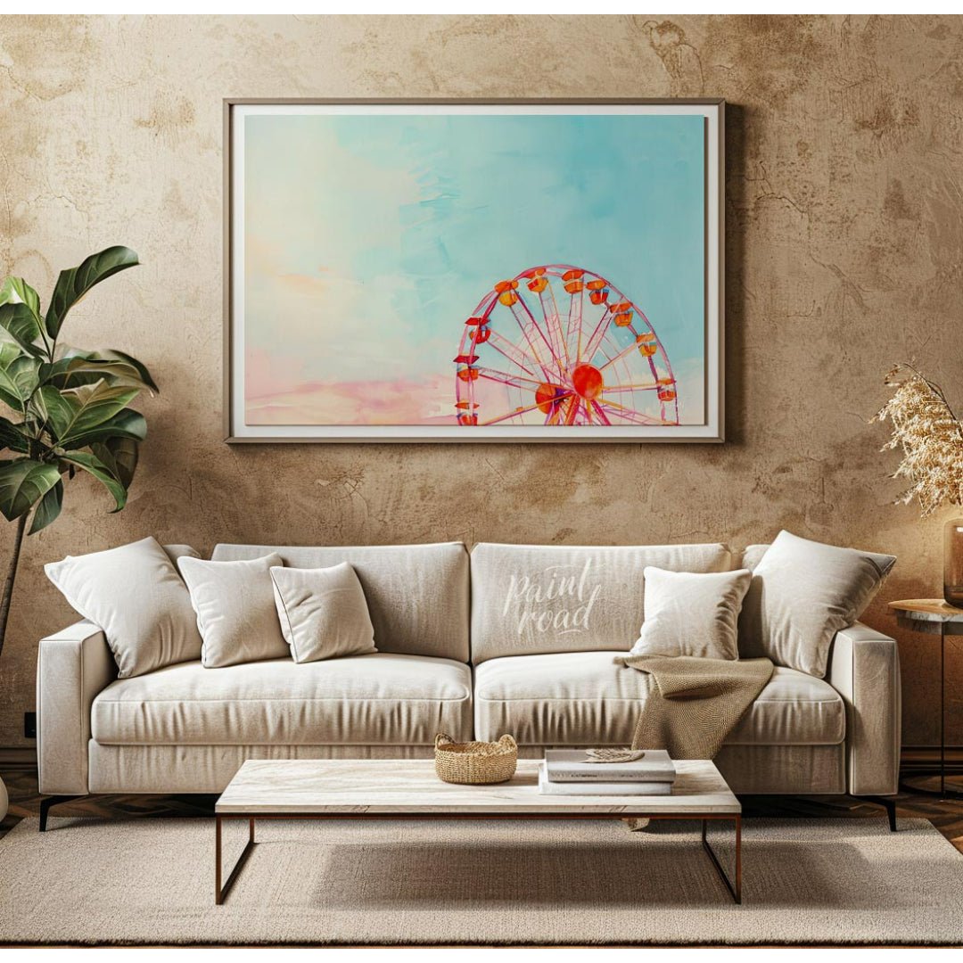 This dreamy watercolor painting captures the whimsical essence of a Ferris wheel against a vast, pa… for living room