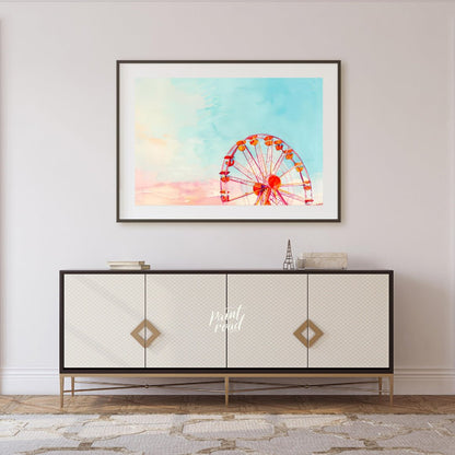 This dreamy watercolor painting captures the whimsical essence of a Ferris wheel against a vast, pa… for living room