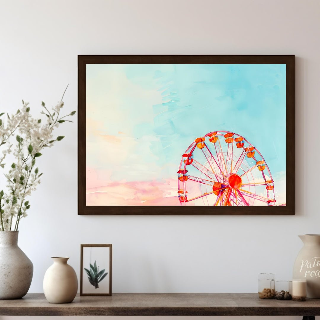 This dreamy watercolor painting captures the whimsical essence of a Ferris wheel against a vast, pa… for living room