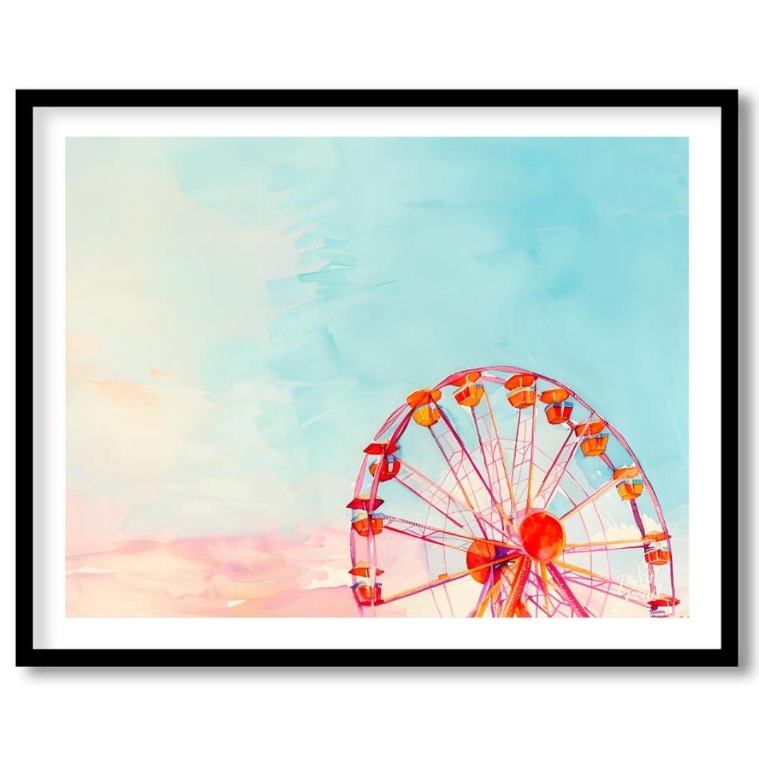 This dreamy watercolor painting captures the whimsical essence of a Ferris wheel against a vast, pa… for place