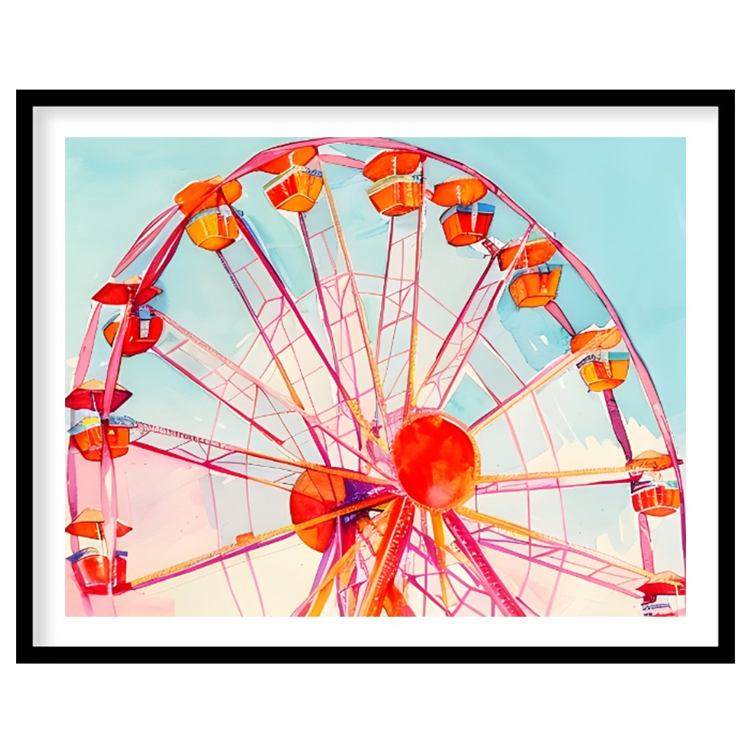 This dreamy watercolor painting captures the whimsical essence of a Ferris wheel against a vast, pa… for place