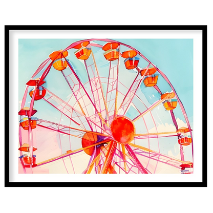 This dreamy watercolor painting captures the whimsical essence of a Ferris wheel against a vast, pa… for place