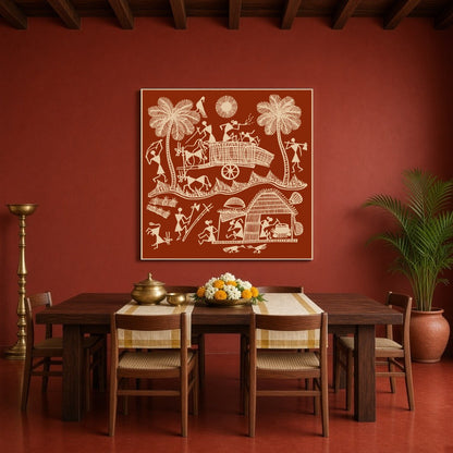 Immerse yourself in the vivid tapestry of village life with this exquisite Warli art piece, for Dining