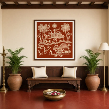 Immerse yourself in the vivid tapestry of village life with this exquisite Warli art piece, for Entrance