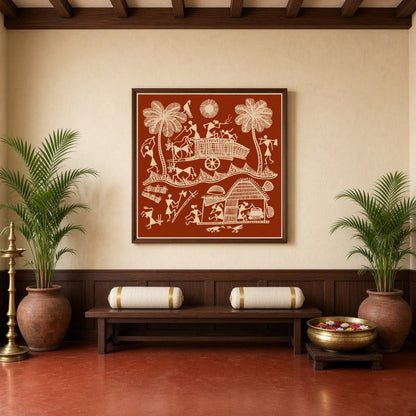 Immerse yourself in the vivid tapestry of village life with this exquisite Warli art piece, for Hallway