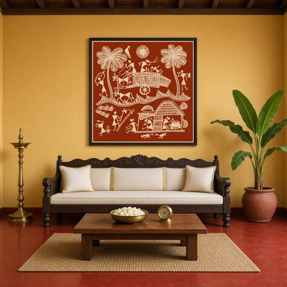 Immerse yourself in the vivid tapestry of village life with this exquisite Warli art piece, for Living Room