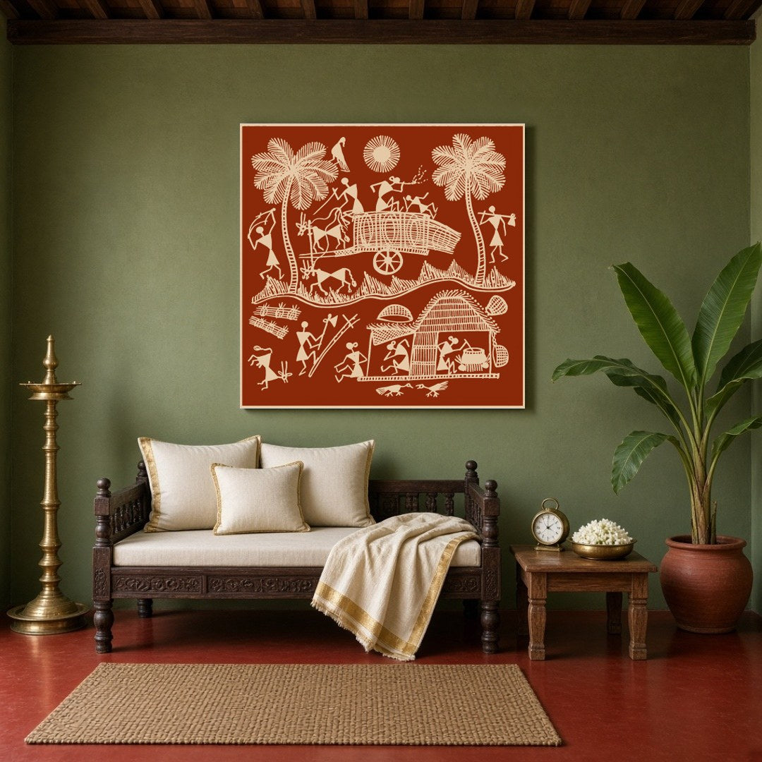 Immerse yourself in the vivid tapestry of village life with this exquisite Warli art piece, for Sitting Area