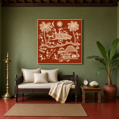 Immerse yourself in the vivid tapestry of village life with this exquisite Warli art piece, for Sitting Area