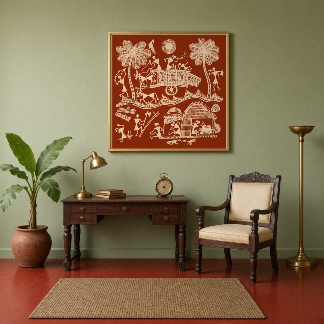 Immerse yourself in the vivid tapestry of village life with this exquisite Warli art piece, for Study