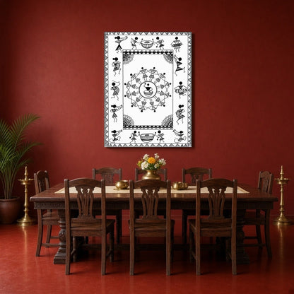 Experience the lively spirit of village life with this captivating Warli art piece, showcasing for Dining
