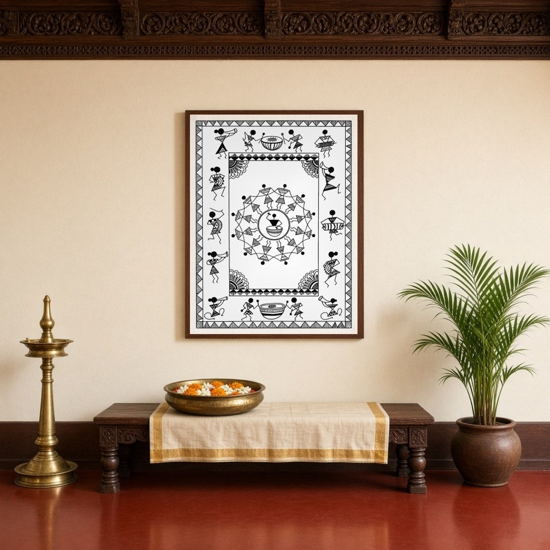 Experience the lively spirit of village life with this captivating Warli art piece, showcasing for Entrance