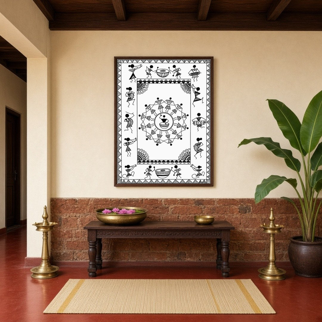 Experience the lively spirit of village life with this captivating Warli art piece, showcasing for Hallway